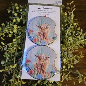 Floral Highland Cow Car Coaster Set